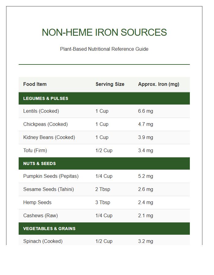 Non Heme Iron Sources Printable Chart
