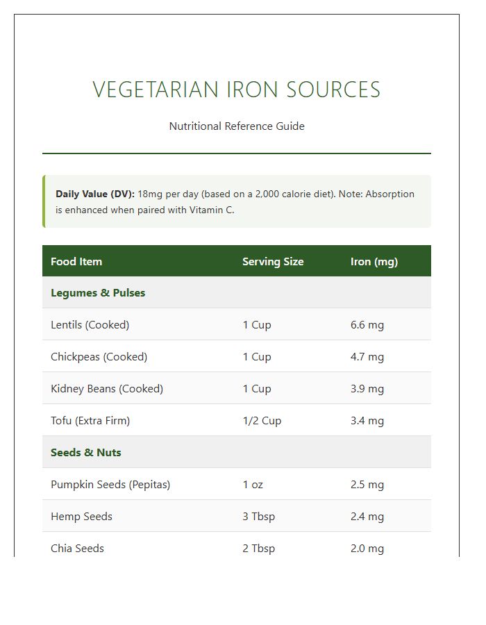 Nutritious Vegetarian Iron Reference Printable Chart