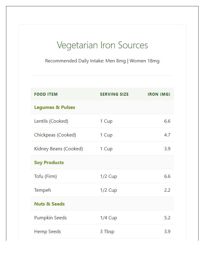 Top Vegetarian Iron Foods Printable Chart