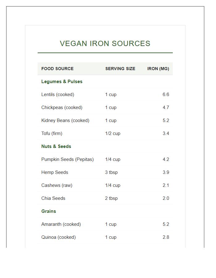 Vegan Iron Food Sources Printable Chart