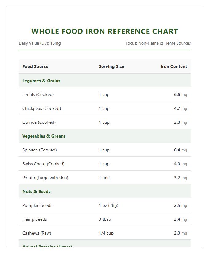 Whole Food Iron Reference Printable Chart
