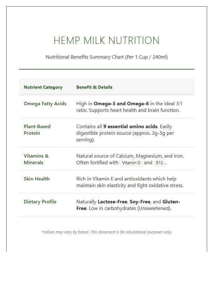 Hemp Milk Nutritional Benefits Printable Summary Chart