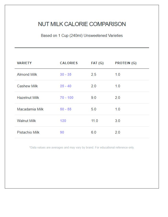 Nut Milk Calorie Comparison Printable Chart