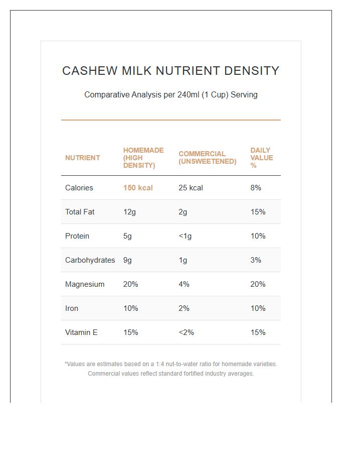 Printable Cashew Milk Nutrient Density Comparison Chart