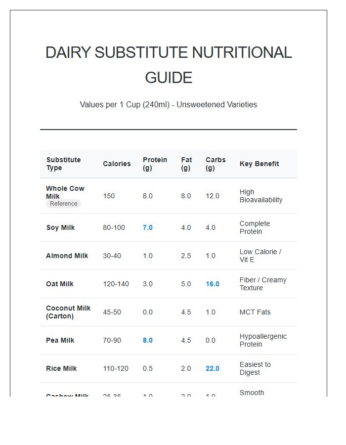 Printable Comprehensive Dairy Substitute Nutritional Value Chart
