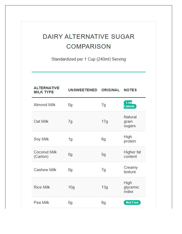 Printable Dairy Alternative Sugar Content Comparison Chart