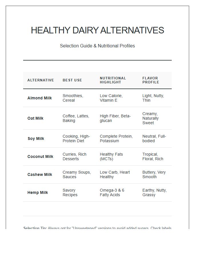 Printable Healthy Dairy Alternative Selection Chart