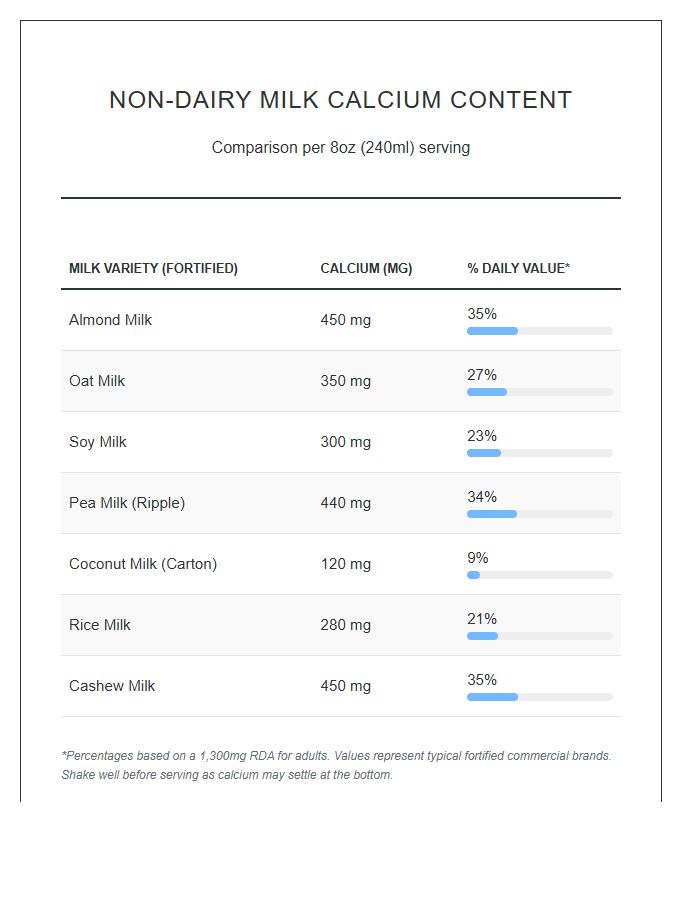 Printable Non Dairy Milk Calcium Content Chart