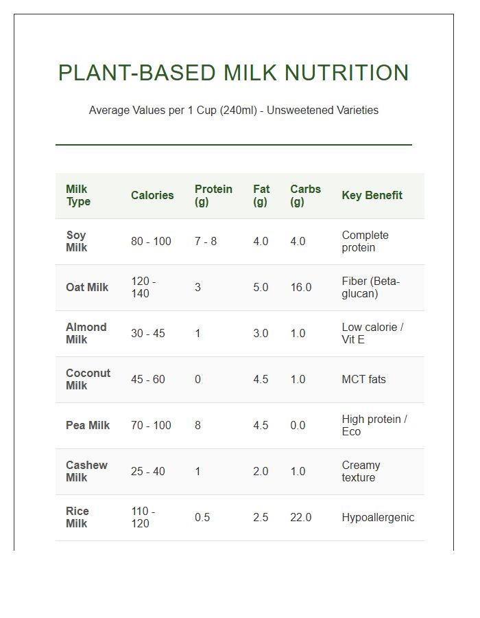 Printable Plant Based Milk Nutrition Comparison Chart