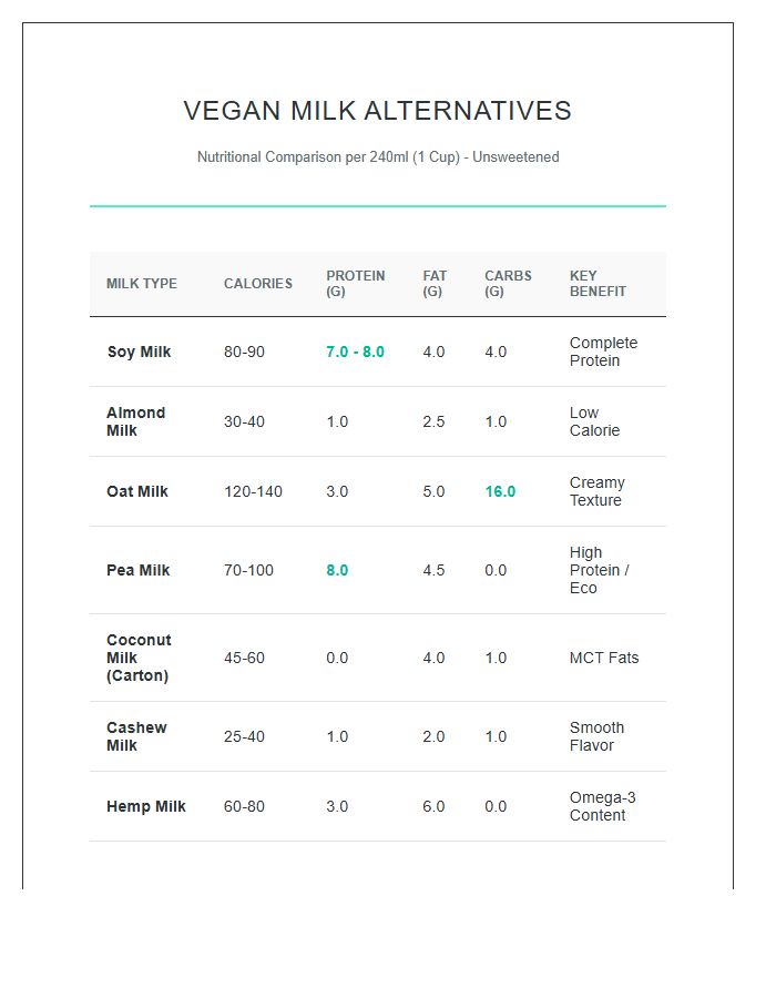 Vegan Milk Alternatives Nutritional Analysis Printable Chart