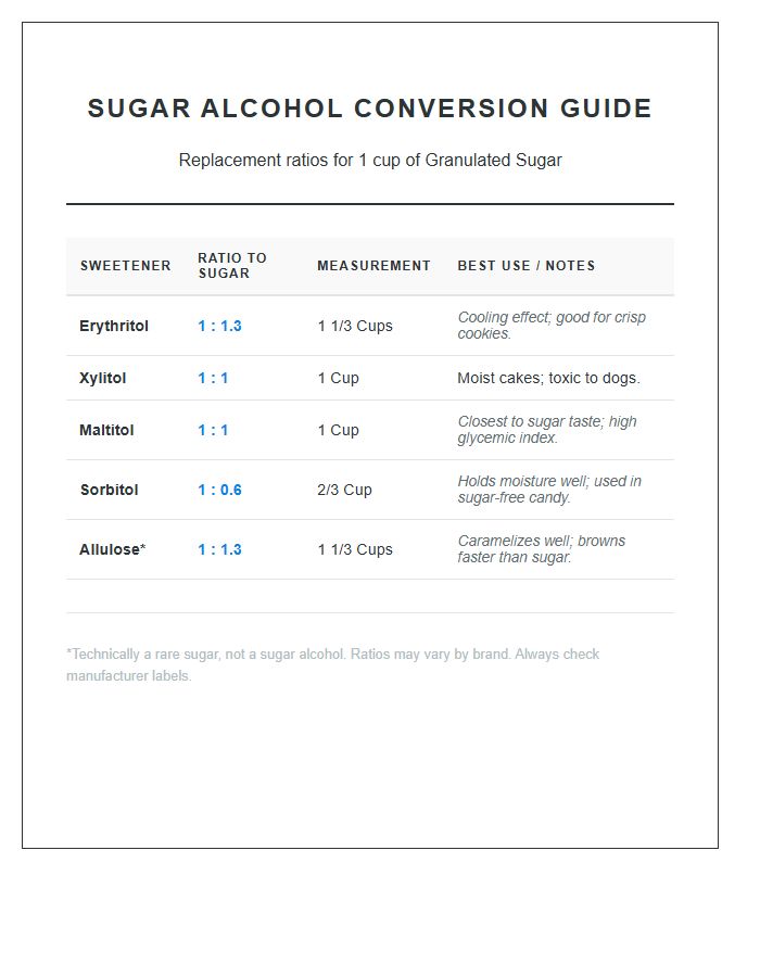 Baking With Sugar Alcohol Printable Chart