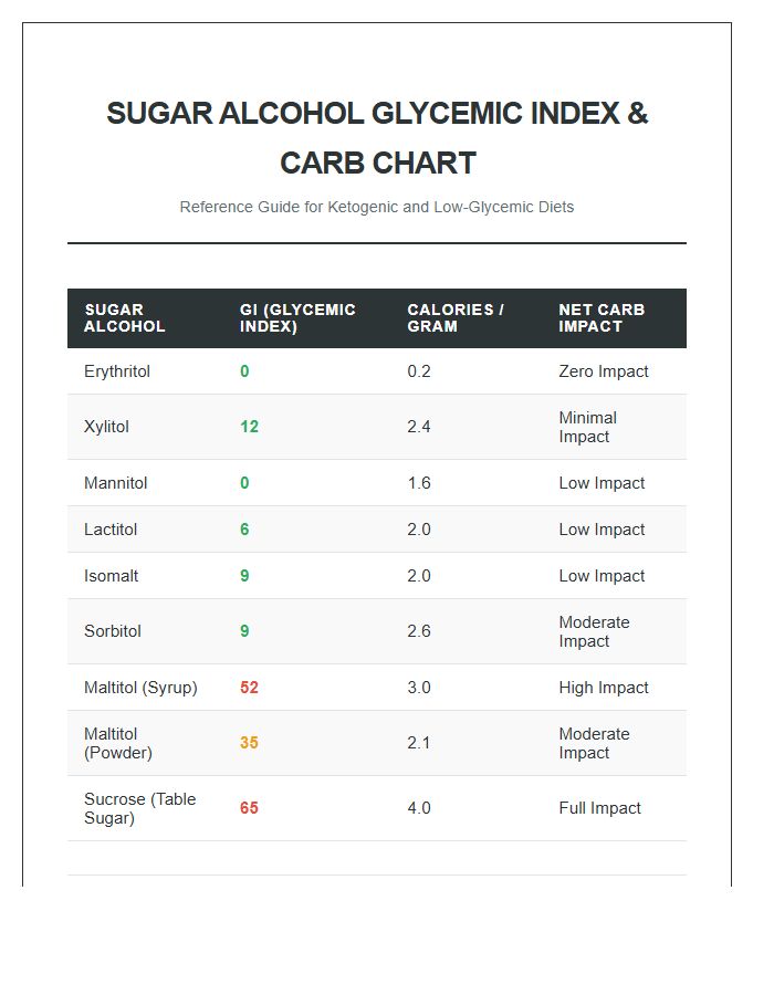 Comprehensive Sugar Alcohol Carb Count Printable Chart