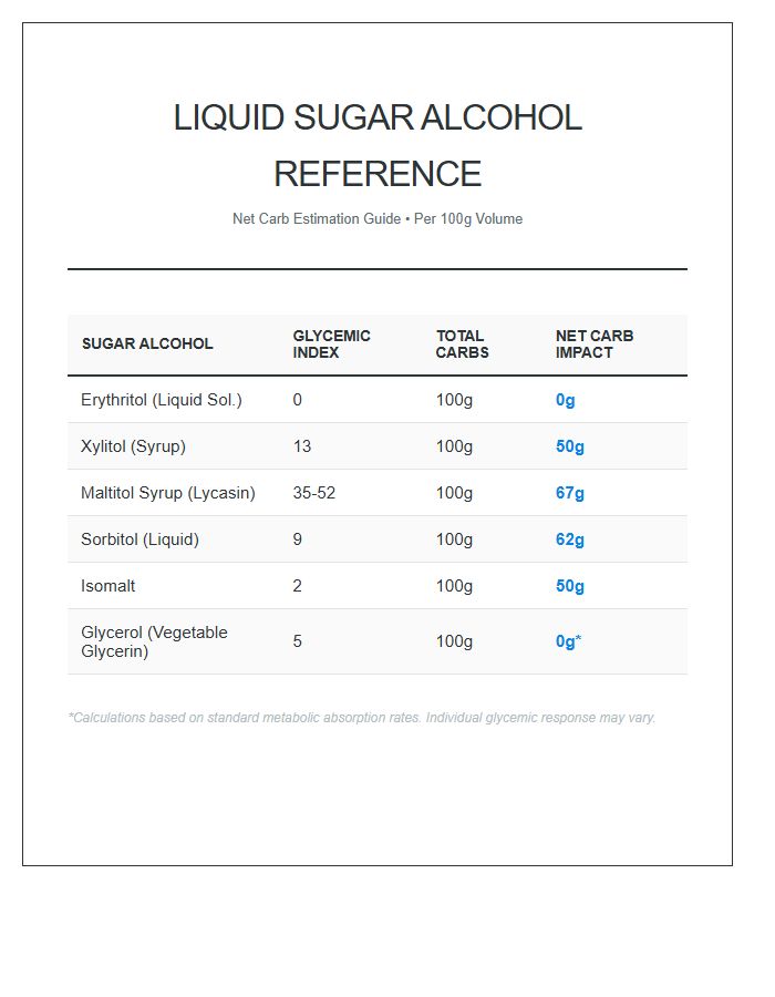 Liquid Sugar Alcohol Carb Count Printable Chart