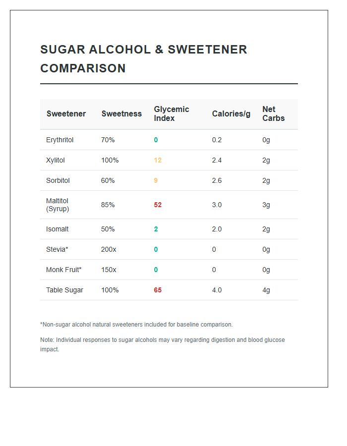 Low Carb Sweetener Sugar Alcohol Printable Chart