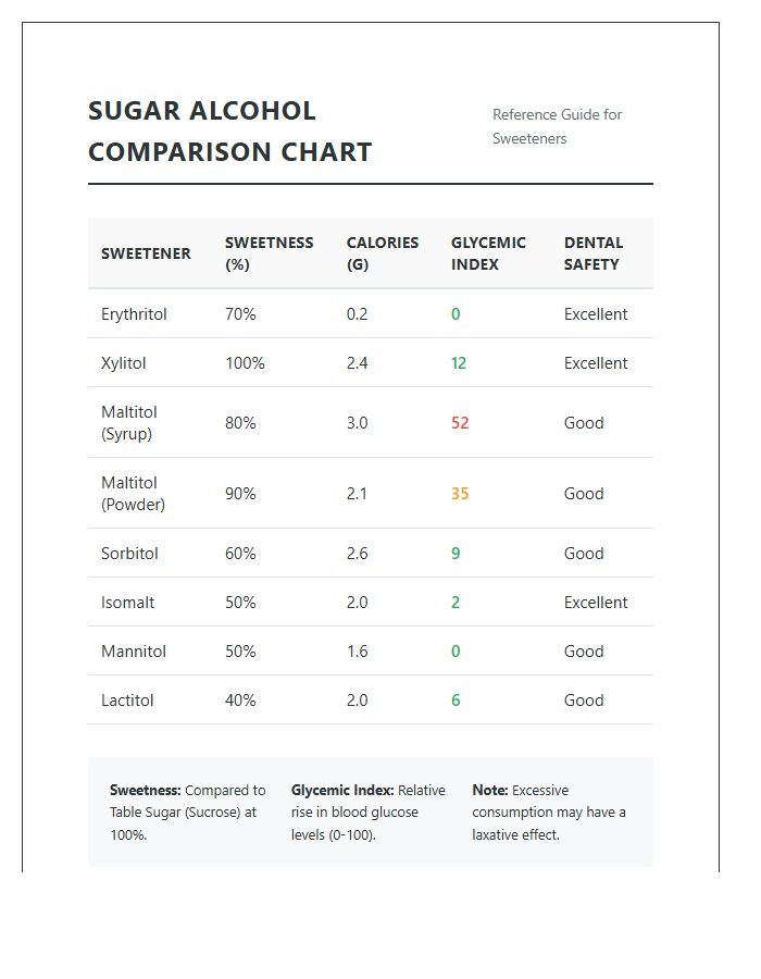 Sugar Alcohol Comparison Printable Chart