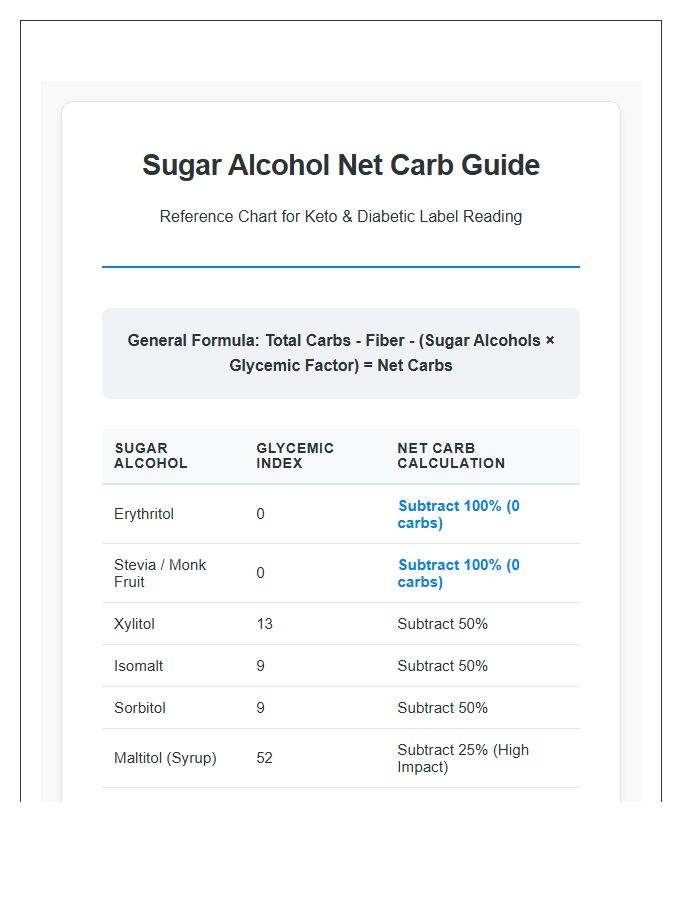 Sugar Alcohol Net Carb Calculation Printable Chart