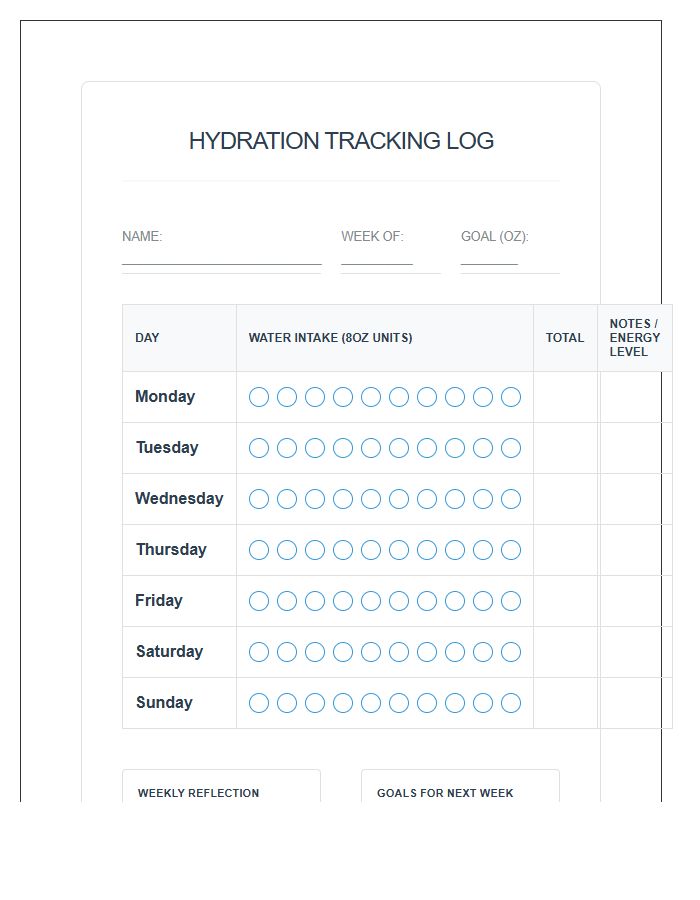 Comprehensive Hydration Tracking Printable Water Intake Chart