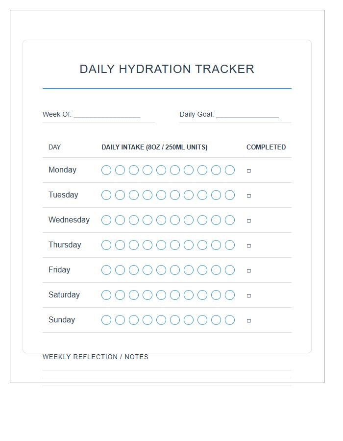 Daily Hydration Tracking Printable Water Intake Chart