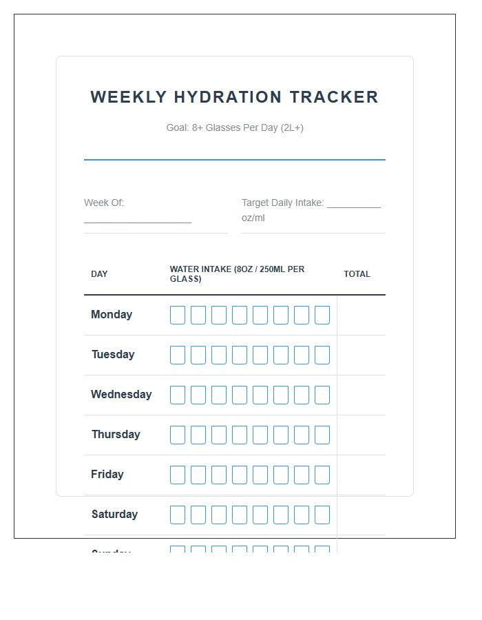 Fitness Hydration Tracking Printable Water Intake Chart