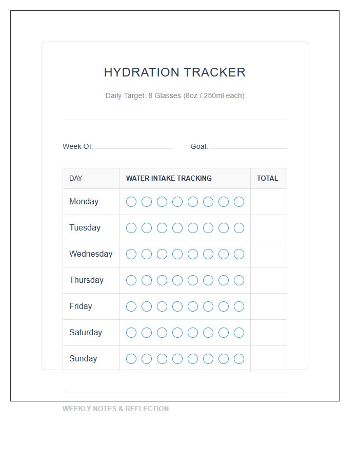 Health Hydration Tracking Printable Water Intake Chart