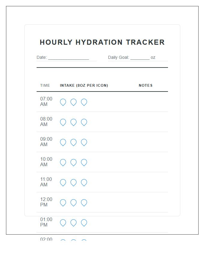 Hourly Hydration Tracking Printable Water Intake Chart