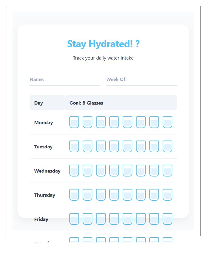 Kids Hydration Tracking Printable Water Intake Chart