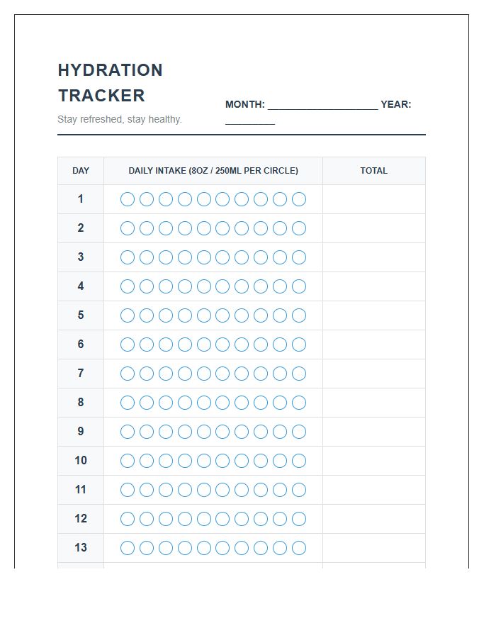 Monthly Hydration Tracking Printable Water Intake Chart
