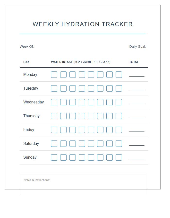 Simple Hydration Tracking Printable Water Intake Chart