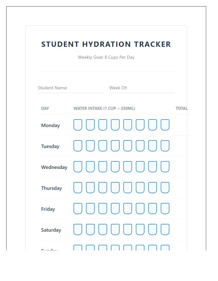 Student Hydration Tracking Printable Water Intake Chart