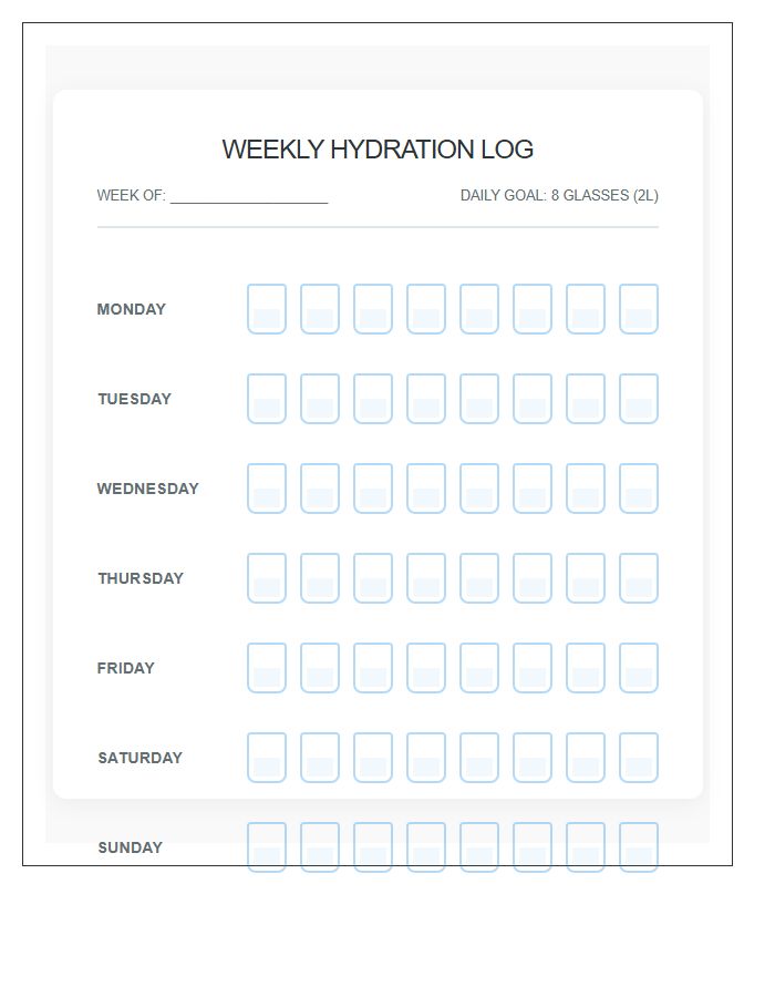 Visual Hydration Tracking Printable Water Intake Chart