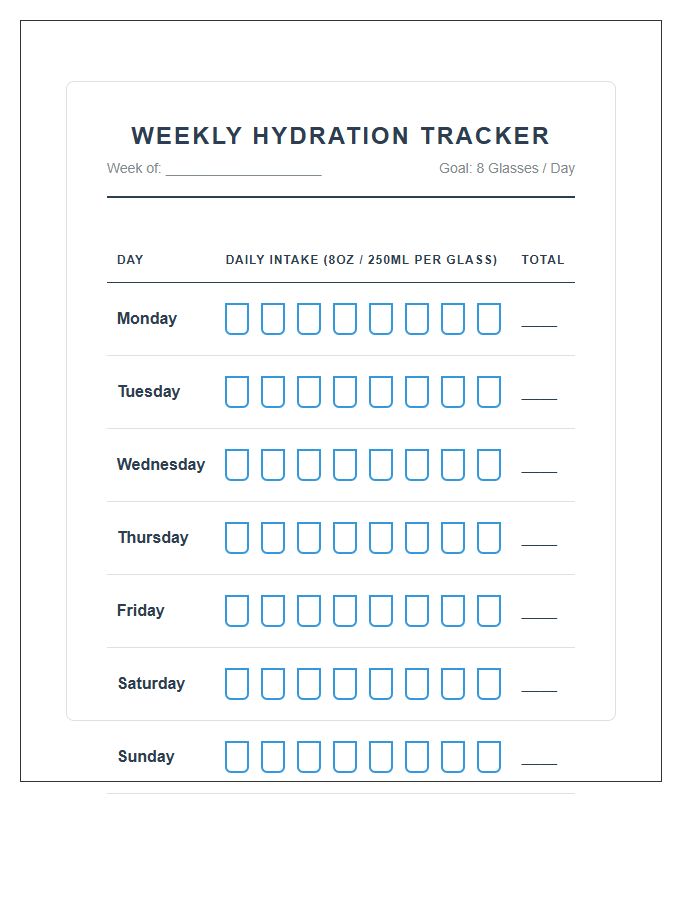 Weekly Hydration Tracking Printable Water Intake Chart