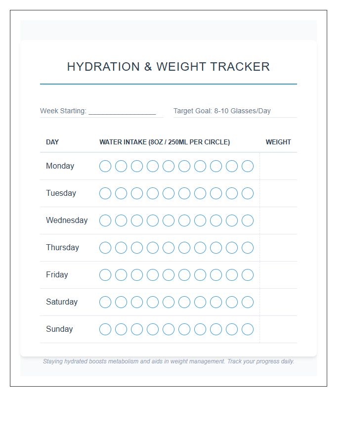 Weight Loss Hydration Tracking Printable Water Intake Chart