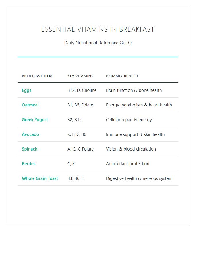 Essential Vitamins In Breakfast Printable Chart
