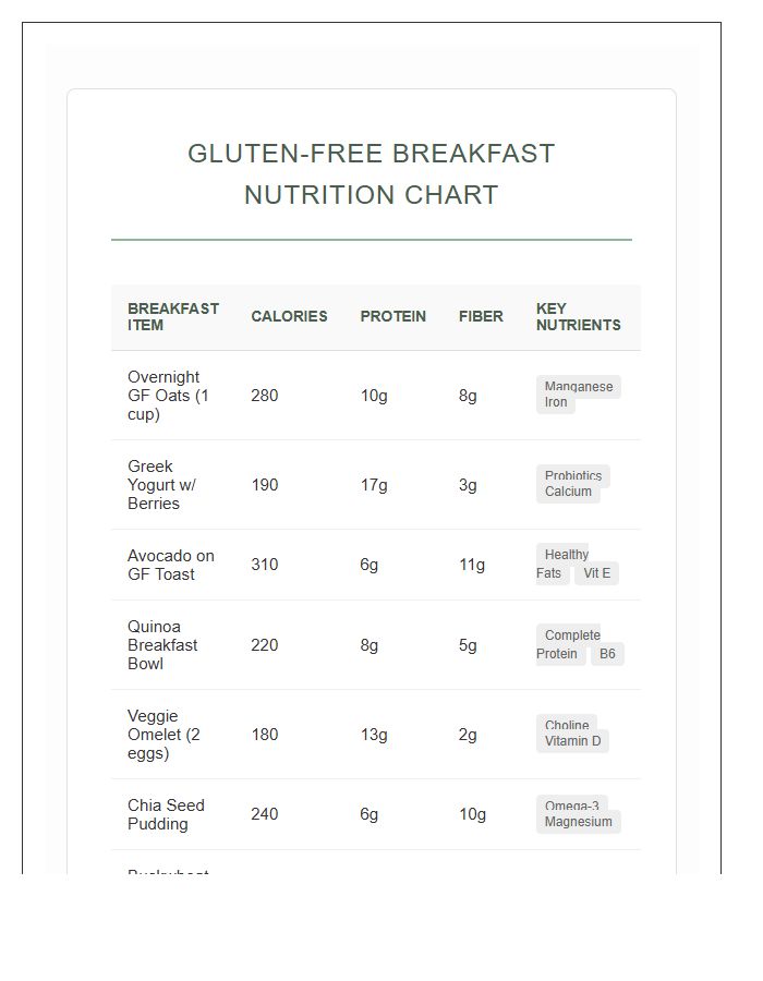 Gluten Free Breakfast Nutrition Printable Chart