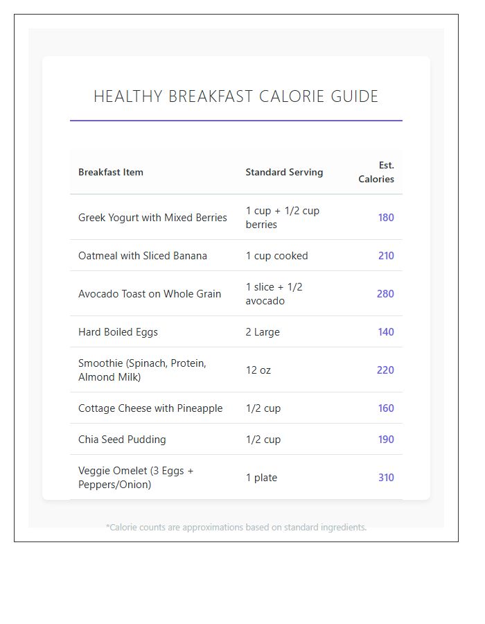 Healthy Breakfast Calories Printable Chart