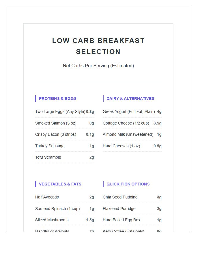 Low Carb Breakfast Selection Printable Chart