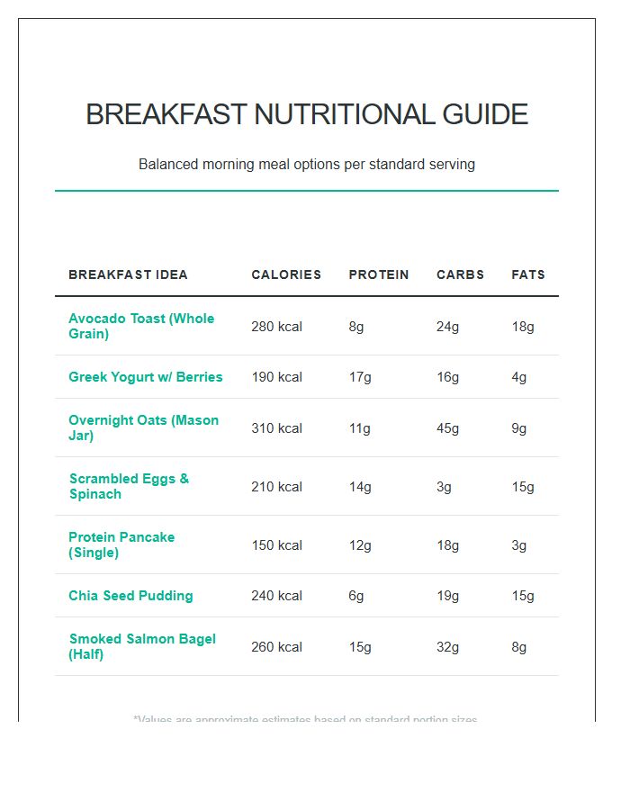 Nutritional Values For Breakfast Ideas Printable Chart