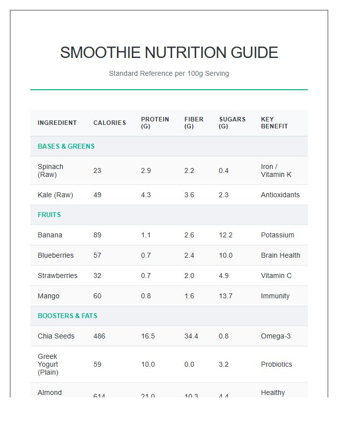 Smoothie Ingredient Nutritional Data Printable Chart