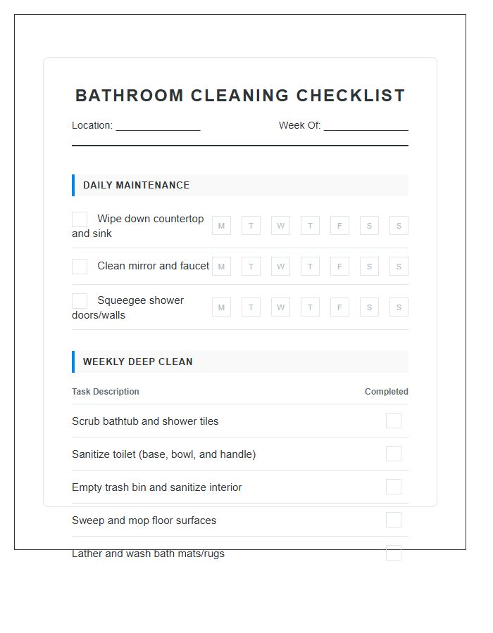 Bathroom Cleaning Household Chores Printable Chart