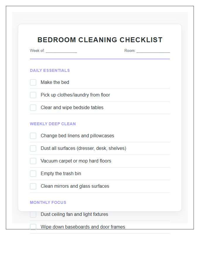 Bedroom Cleaning Household Chores Printable Chart