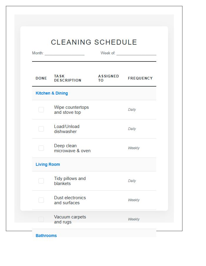 Cleaning Schedule Household Chores Printable Chart