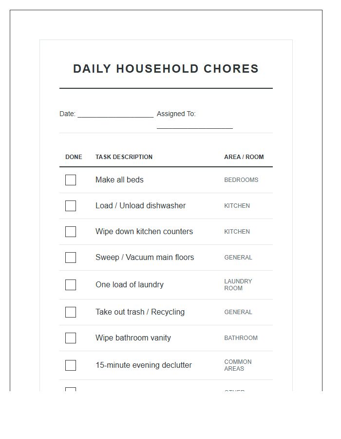 Daily Household Chores Printable Chart