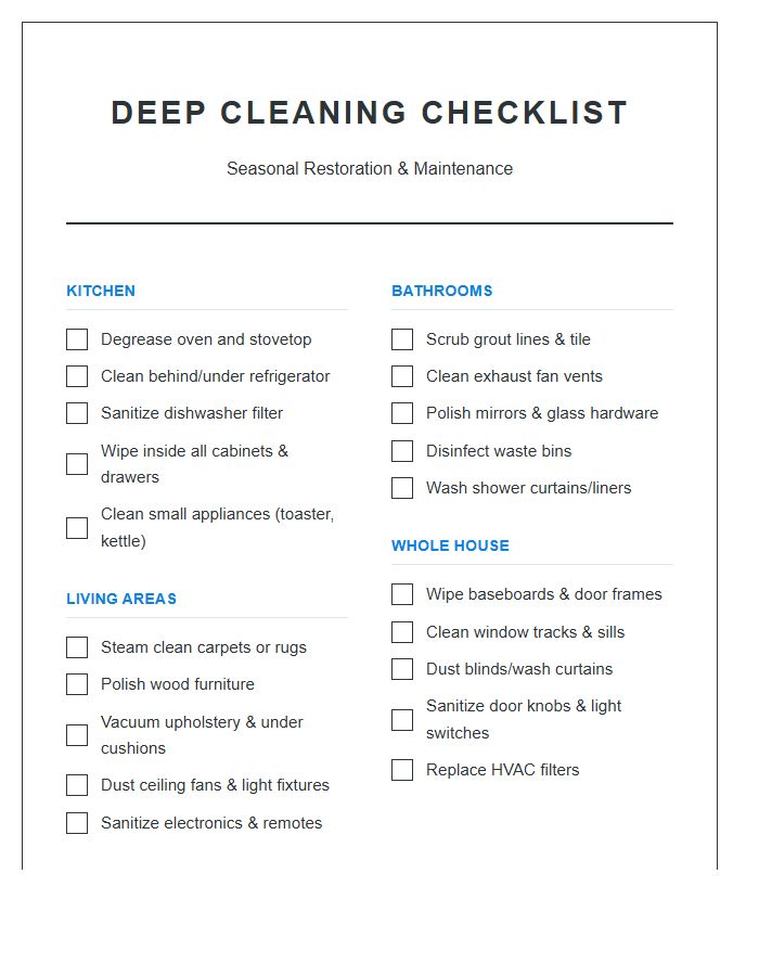 Deep Cleaning Household Chores Printable Chart