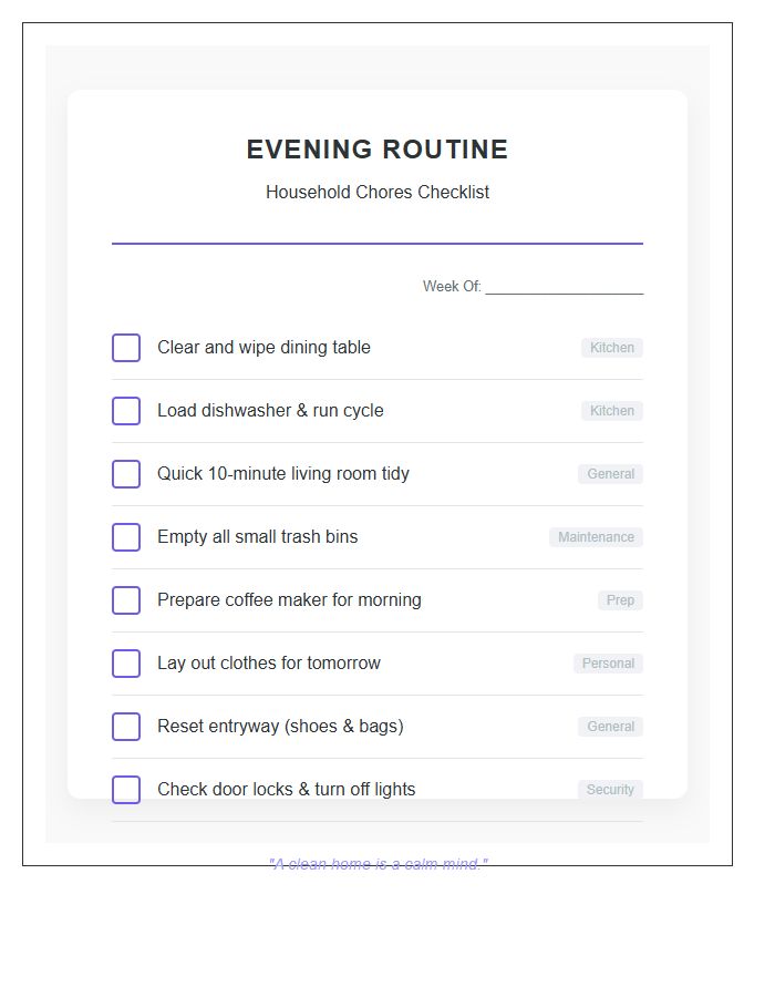 Evening Routine Household Chores Printable Chart