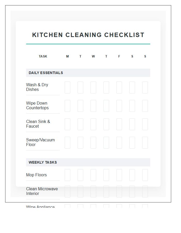 Kitchen Cleaning Household Chores Printable Chart