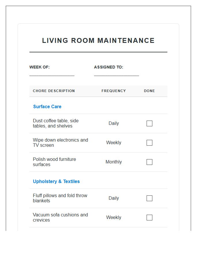 Living Room Household Chores Printable Chart