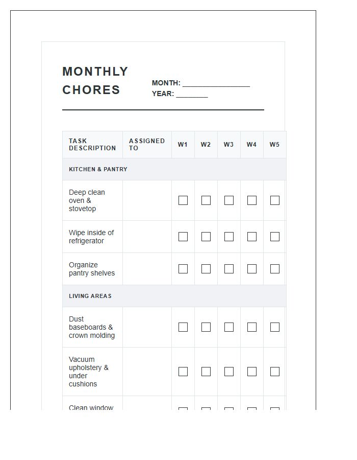 Monthly Household Chores Printable Chart