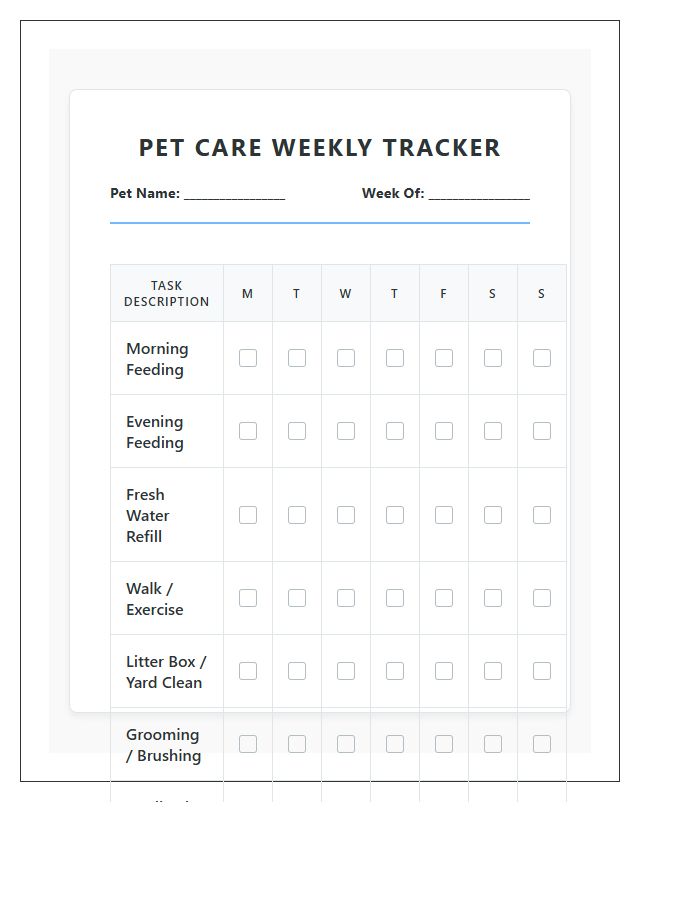 Pet Care Household Chores Printable Chart