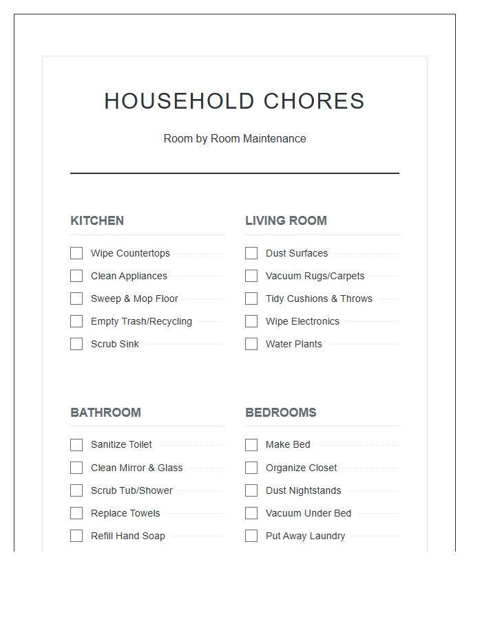 Room By Room Household Chores Printable Chart