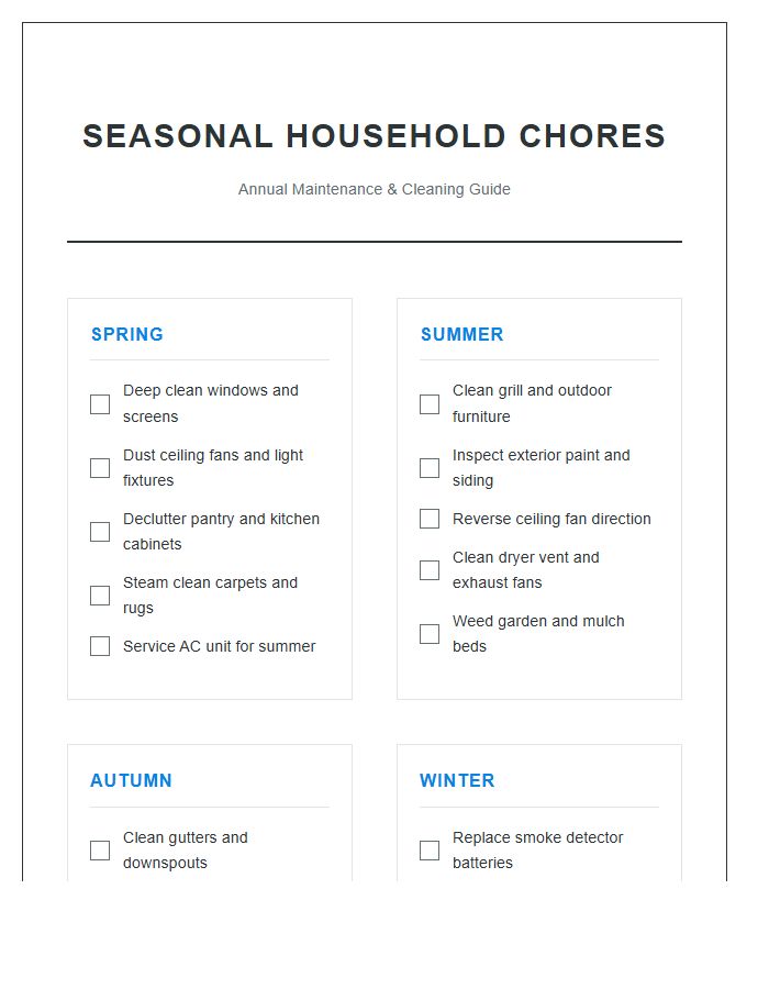 Seasonal Household Chores Printable Chart